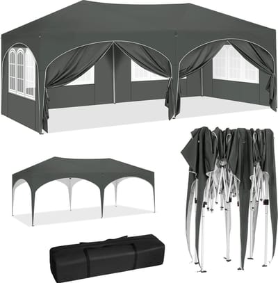 Partytent 3x6 m Grijs - Partytenten opvouwbaar - Paviljoen - Party tent waterbestendig - Metaal Easy-Up mechanisme - 50+ UV beschermingsfactor - Feesttent met afneembare 6 zijwanden