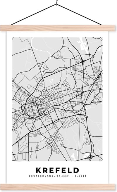 Posterhanger incl. Poster 40x60 cm - Schoolplaat - Duitsland- Krefeld - Stadskaart - Plattegrond - Kaart - Textielposter - Blanke latten - Stadskaart