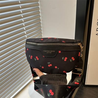 1 stuks Dames Crossbody Tas Lichtgewicht, Veelzijdig En Modieus Kersenprint Heuptas Met Ritsluiting En Verstelbare Riem zwart