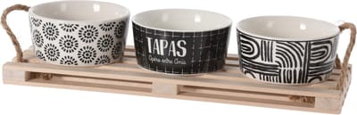 Excellent Houseware Serveerplank - hout - 23 x 9 cm - met 3x porselein schaaltjes - saus schaaltjes