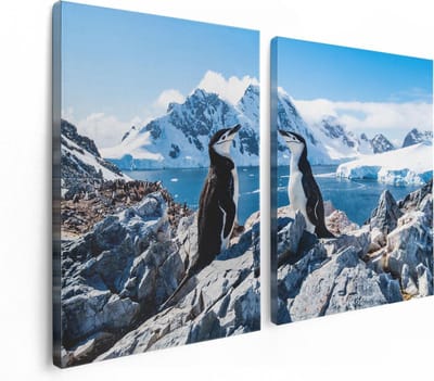 Artaza Canvas Schilderij Tweeluik Twee Pinguïns op Stenen in Antarctica - 120x80 - Foto Op Canvas - Canvas Print