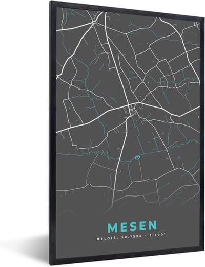 Fotolijst incl. Poster - België – Mesen – Stadskaart – Kaart – Blauw – Plattegrond - 40x60 cm - Posterlijst