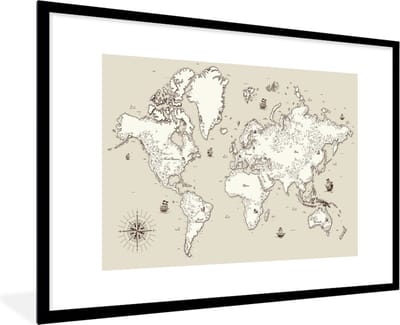 Poster in lijst - Fotolijst 90x60 cm - Posters - Wereldkaart - Vintage - Antiek - Posterlijst zwart - Decoratie - Wanddecoratie woonkamer - Muurdecoratie slaapkamer