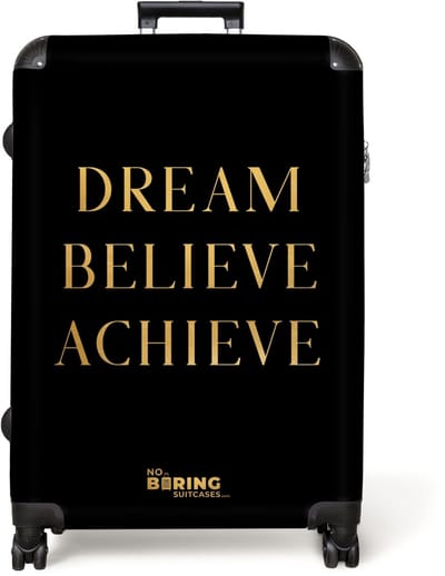 NoBoringSuitcases.com® - Koffer groot - Reiskoffer lichtgewicht - Quotes - Dream believe achieve - Goud - Zwart - Luxe - Rolkoffer met 4 wielen - Grote trolley XL - 98 liter bagage