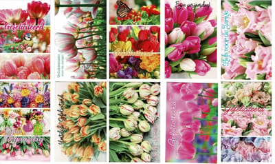 10 Felicitatie Wenskaarten - Lente Bloemen / Voorjaar - 12x17cm - Gevouwen kaarten met enveloppen