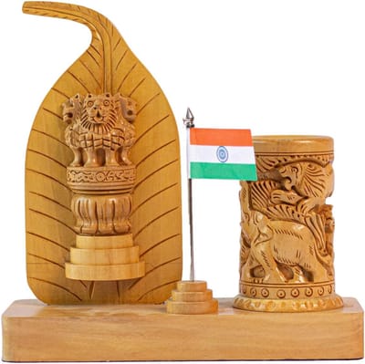 Houten Pen Stand - Bureau Decoratie - Kantoor Organisatie - Handgemaakt Leeuw Sieraad - 30cm Hoog - Bruin