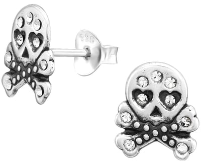 Joy|S - Zilveren skull oorbellen - doodskop - 8 x 10 mm - hartjes oogjes - kristal - geoxideerd - halloween oorbellen