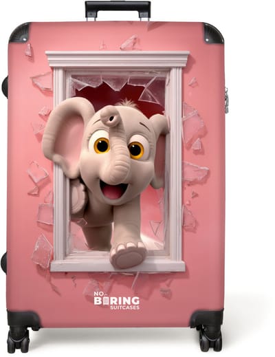 NoBoringSuitcases.com® - Kinderkoffer - Kindertrolley jongen en meisje - Olifant breekt door roze raam met glas - Koffer kind groot - Rolkoffer met 4 wielen - Grote trolley XL - 98 liter bagage