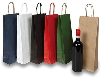 25 x Wijntas 14+8x39cm voor 1 Fles Mix 2 rood bruin wit blauw groen zwart /Flestas papier / Cadeauverpakking /draagtas voor Fles/wijn / Fleszak · Fles zak /