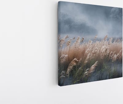 Saammp Canvas Schilderij - Hoog gras in de mist - Zonsondergang - Landschap - Natuur - 20x20 - Foto op canvas - Wanddecoratie - Muurdecoratie Woonkamer - Slaapkamer decoratie - Canvas Print