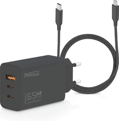65w usb C stekker geschikt voor iPhone 14/13/12/11/X + Lightning naar usb-C kabel 2 meter - Zwart