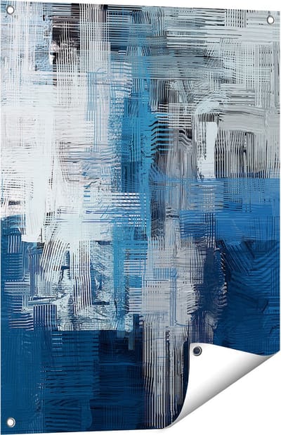 Gards Tuinposter Abstracte Kunst - Blauw Witte Penseelstreken - 60x80 cm - Tuindoek - Tuindecoratie - Wanddecoratie buiten - Tuinschilderij