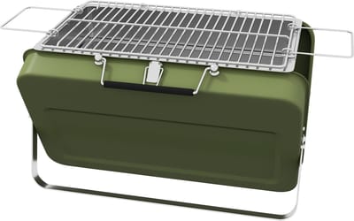 Kofferbarbecue, mini-houtskoolbarbecue, opvouwbaar, met houtskoolbak en asopvangbak, metalen behuizing, groen