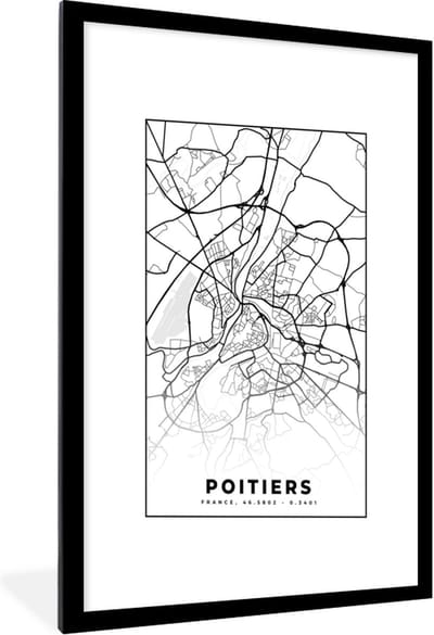 Fotolijst incl. Poster Zwart Wit- Plattegrond - Kaart - Poitiers - Frankrijk - Stadskaart - Zwart wit - 60x90 cm - Posterlijst