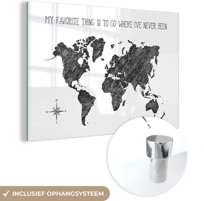 ® Glasschilderij 150x100 cm - Schilderij acrylglas - Wereldkaart - Zwart - Wit - Quote - Foto op glas - Muurdecoratie woonkamer - Wanddecoratie slaapkamer - Schilderijen