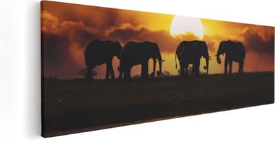 Artaza Canvas Schilderij Olifanten Kudde - 60x20 cm - Wanddecoratie Afrikaanse Dieren - Muurdecoratie Zonsondergang - Kamer Accessoires Woonkamer