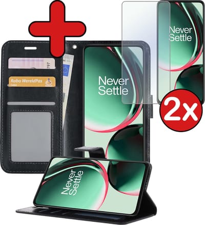 Hoesje - Met 2x Screenprotector - Geschikt voor OnePlus Nord CE 3 Lite - Luxe Pasjeshouder - Flip Case - Bookcase Portemonee - Kunstleer Book Case - Flipcase Hoes - Book Cover - Walletcase - Portemonneehoes - Telefoonhoes - Zwart