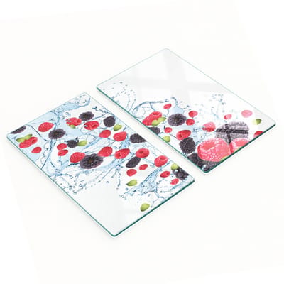 Multifunctionele decoratieve glazen keukenplanken met frambozen- en watermotief, 2x30x52 cm