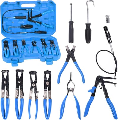 G-2600 9 stuks blauwe flexibele slangklem tangenset, lang bereik veer draad clip tang slang klem tang tang tang verwijderaar kit voor vervanging van brandstof, olie, waterslang, zwart, blauw