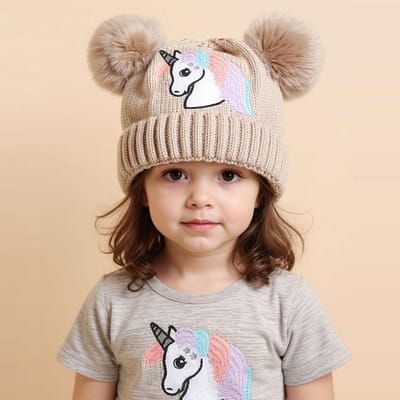 Cartoon Paard Gebreide Babymuts voor Meisjes Jongens Winter Pompon Bolmuts voor Kinderen Buiten Warme Kinderhoeden Baby Mutsen Pet 52-54cm(3-8years) kaki
