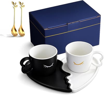 Set van 2 romantische partnermokken voor koppels, koffiekopjes met schotel en lepel, ideaal voor Valentijnsdag en speciale gelegenheden zoals bruiloften en verlovingen
