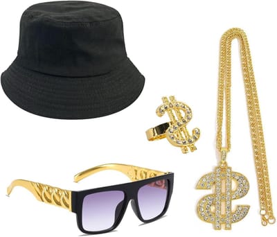 Hip Hop Kostuum 4 Delig met 80s en 90s Accessoires, Fake Dollar Logo Ring, Zwarte Fisherman Hoed en Hip Hop Zonnebril voor Feest en Disco Dress Up