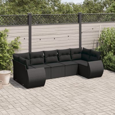 vidaXL - 7-delige - Loungeset - met - kussens - poly - rattan - zwart