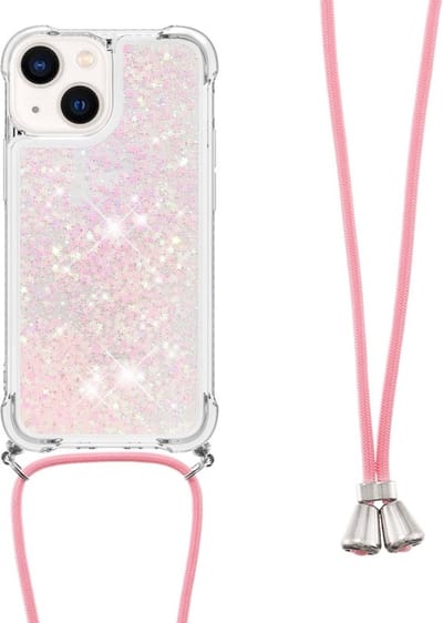 Coverup Hoesje - Geschikt voor iPhone 15 Hoesje - Coverup Liquid Glitter Back Cover met Koord - Roze