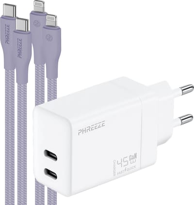 Phreeze usb C snellader geschikt voor iPhone en iPad met Lightning kabel - Dual port Power Adapter 45 W met 2 kabels 1m paars