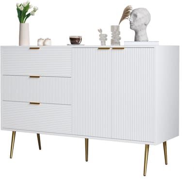 Dressoir - 120x38x80,5 cm - Met 3 Lades En 2 Deuren - Gouden Grepen En Poten - MDF - Wit