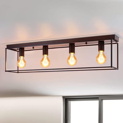 Glitzerlife - Plafondlamp - Industriële Plafondverlichting Vintage - 4xE27 Fitting - Zwart Metalen Vierkant Frame - Keukenlamp Woonkamer Lamp - Hal Lamp Slaapkamer Lamp - Warm Licht - 80 cm - Zwart