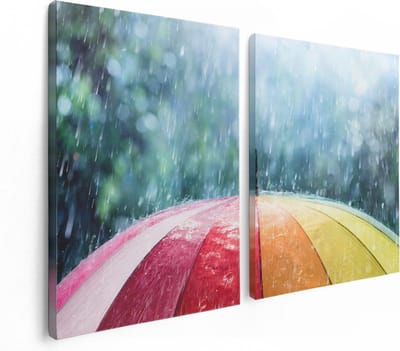 Artaza Canvas Schilderij Tweeluik Regenboog Paraplu met Regen - 120x80 - Foto Op Canvas - Canvas Print