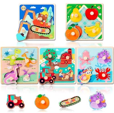 Houten Peg Puzzels voor Peuters - Vijf Stukset voor 1 tot 3 Jaar Oud