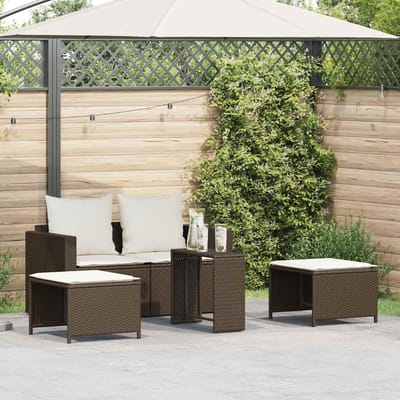 vidaXL - 5-delige - Tuinbankstel - met - kussens - stapelbaar - poly - rattan - bruin