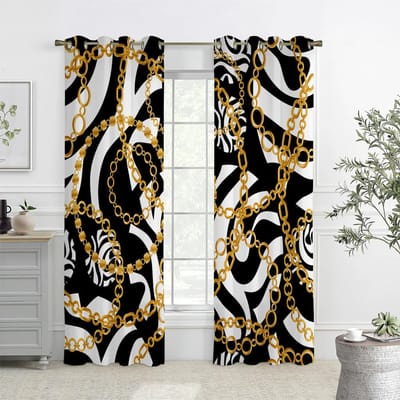 2 STUKS Goudkleurig Patroon Retro Metalen Print Gordijnen, Slaapkamer Woonkamer Keuken Tunnelzak Oogjes Transparante Decoratieve Gordijnen W50xH140(CM)x2PCS&Rod pocket black