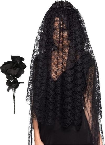 Zombiebruid/weduwe verkleedaccessoires set met sluier en rozen zwart 75 cm - Halloween verkleedset