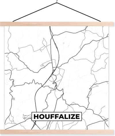 Posterhanger incl. Poster 40x40 cm - Schoolplaat - Stadskaart – Plattegrond – België – Zwart Wit – Houffalize – Kaart - Textielposter - Blanke latten - Stadskaart