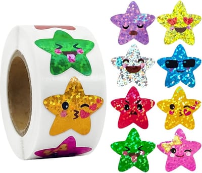 500 Stickers Op Rol - 2.5cm - Ster Emoji Glitter - Beloningsstickers - Stickers Kinderen - Sluitsticker - Sluitzegel - 25mm