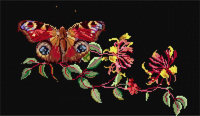 Thea Gouverneur - Borduurpakket met telpatroon - 439.05 - Voorgesorteerde DMC Garens - Vlinder Kamperfoelie - Zwart Aida - 29 cm x 18 cm - DIY Kit