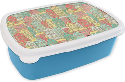 Broodtrommel Blauw - Lunchbox - Brooddoos - Huis - Patronen - Pastel - 18x12x6 cm - Kinderen - Jongen