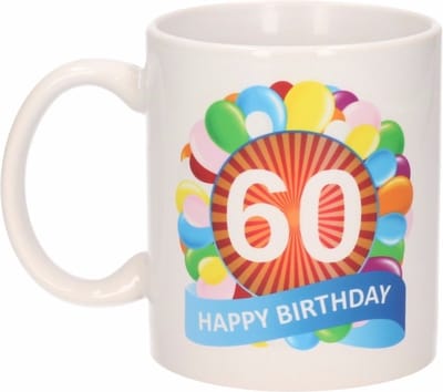 60 jaar Verjaardag koffiemok - cadeau beker - feestelijke ballonnen print - 300 ml - keramiek - wit