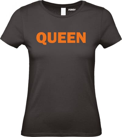 Dames t-shirt Queen | Koningsdag kleding | Oranje Shirt | Zwart Dames | maat XS