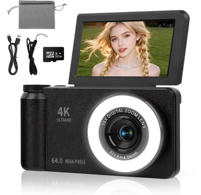 4K 64MP Digitale Camera Met Beauty Licht En 180 Graden Flip Scherm - Compacte Vlogging Camera Met Autofocus 18X Digitale Zoom En 20 Filters - Fotocamera Met 3 Inch Display Webcam Functie En 32GB Kaart Voor Foto En Video