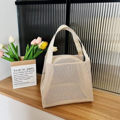 Ruime nettas met handvat, reistas, make-uptas, draagbare strandtas, cosmetische etui met ritssluiting beige