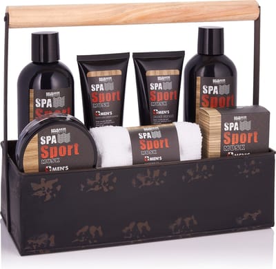 BRUBAKER Cosmetics Spa Sport Musk 8 St. Verzorgingsset Voor Mannen - Cadeautip Vrouw - Cadeau Idee - Met Douchegel Schuimbad Gezichtscrème Peeling Gezichts - en Lichaamslotion Zeep + Washandje in Gereedschapskoffer - Vaderdag cadeau