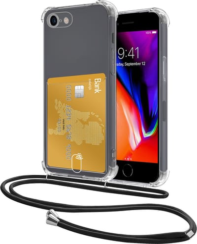 Hoes Geschikt voor Apple iPhone 7 Hoesje Pasjeshouder Cover Met Koord Shock Proof Case Siliconen Hoes Met Telefoonkoord en Kaarthouder - Transparant