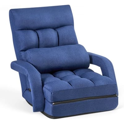 VEVOR Vloerstoel, 5-voudig verstelbaar, vloerfauteuil met rugleuning, armleuningen en kussen, relaxfauteuil met metalen frame, schuim- en linnen bekleding, om te lezen en te ontspannen, donkerblauw