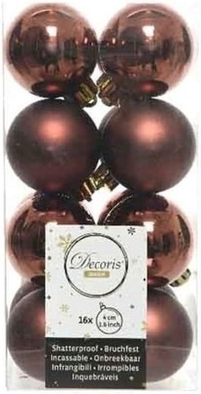 Decoris kleine kerstballen - 16x st - mahonie bruin - 4 cm - kunststof - onbreekbare kerstballen kerstversiering