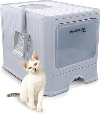 Mobiclinic CatBox - Kattenbak - Gesloten kattenbak met borstel - Incl. Kattenbakschep, Grit Opvanger & Geurneutralisator - Geschikt voor Alle Katten - Onderdak - 51 x 38 x 37,5 cm - Grijs/Wit