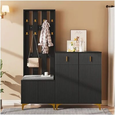 Merax Schoenenkastset met schoenenbank, kapstok - 60,5x35,2x180,5 cm + 83x35x101 cm - Spaanplaat - Zwart